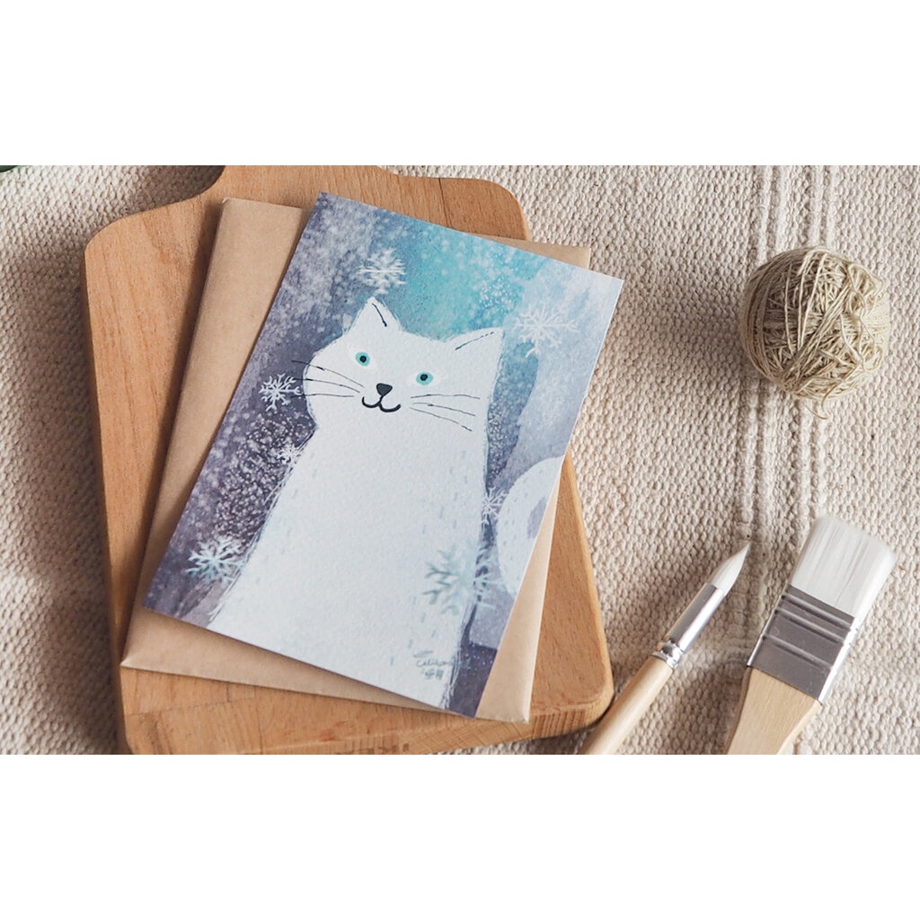 โปสการ์ด ลายแมวหิมะ Cat Snow illustration postcard 4x6 inch
