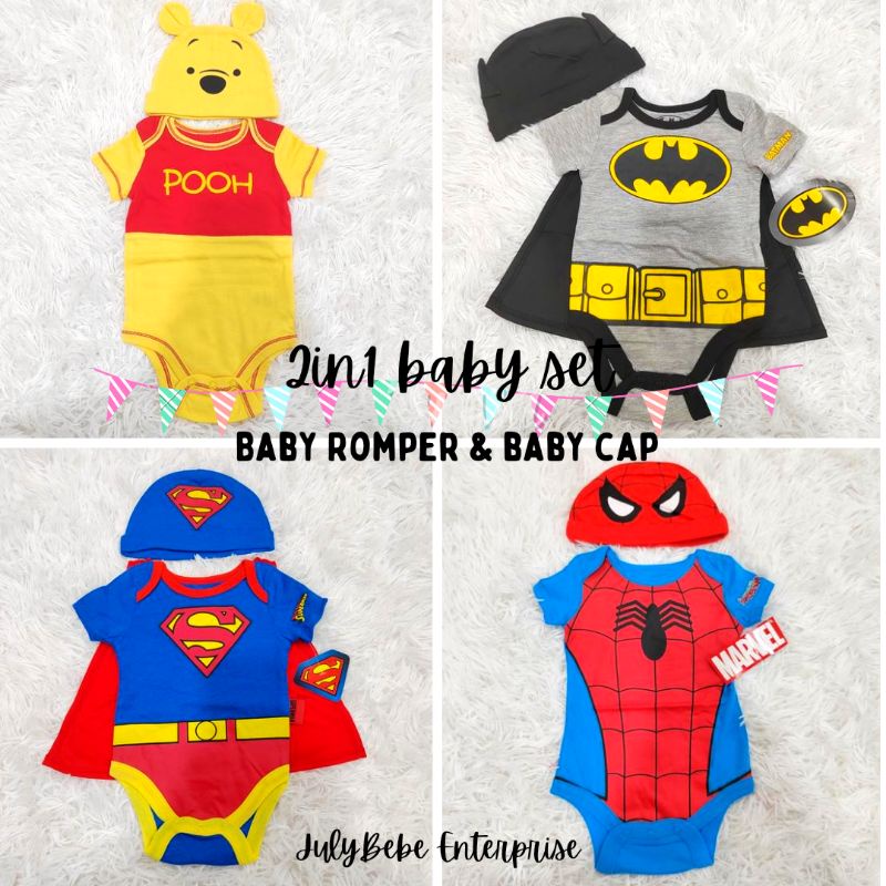 Marvel DC Disney ชุด 2in1 2 ชิ้นชุดเครื่องแต่งกายเด็ก romper และหมวกเด็ก