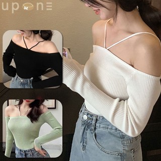 เสื้อเชิ้ตแขนยาวผู้หญิง   เสื้อปาดไหล่  เสื้อเชิ้ตแขนยาวผู้หญิง  เสื้อปาดไหล่คล้องคอ  สูงและผอม แฟชั่น