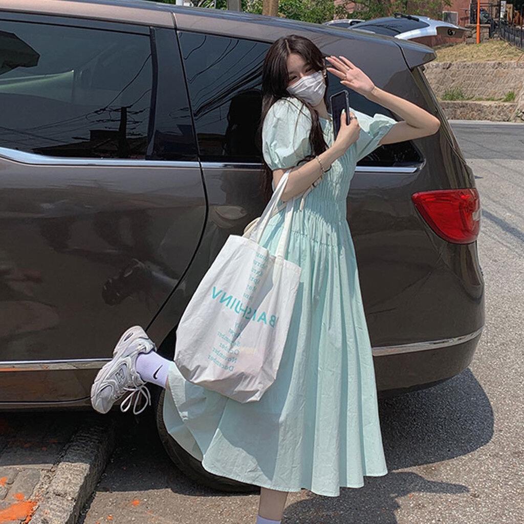 พร้อมส่ง 2 สี 🥁🦩 Sweet toffy dress เดรสแขนสั้นสม็อคตรงอกสีหวานน่ารัก (37623)