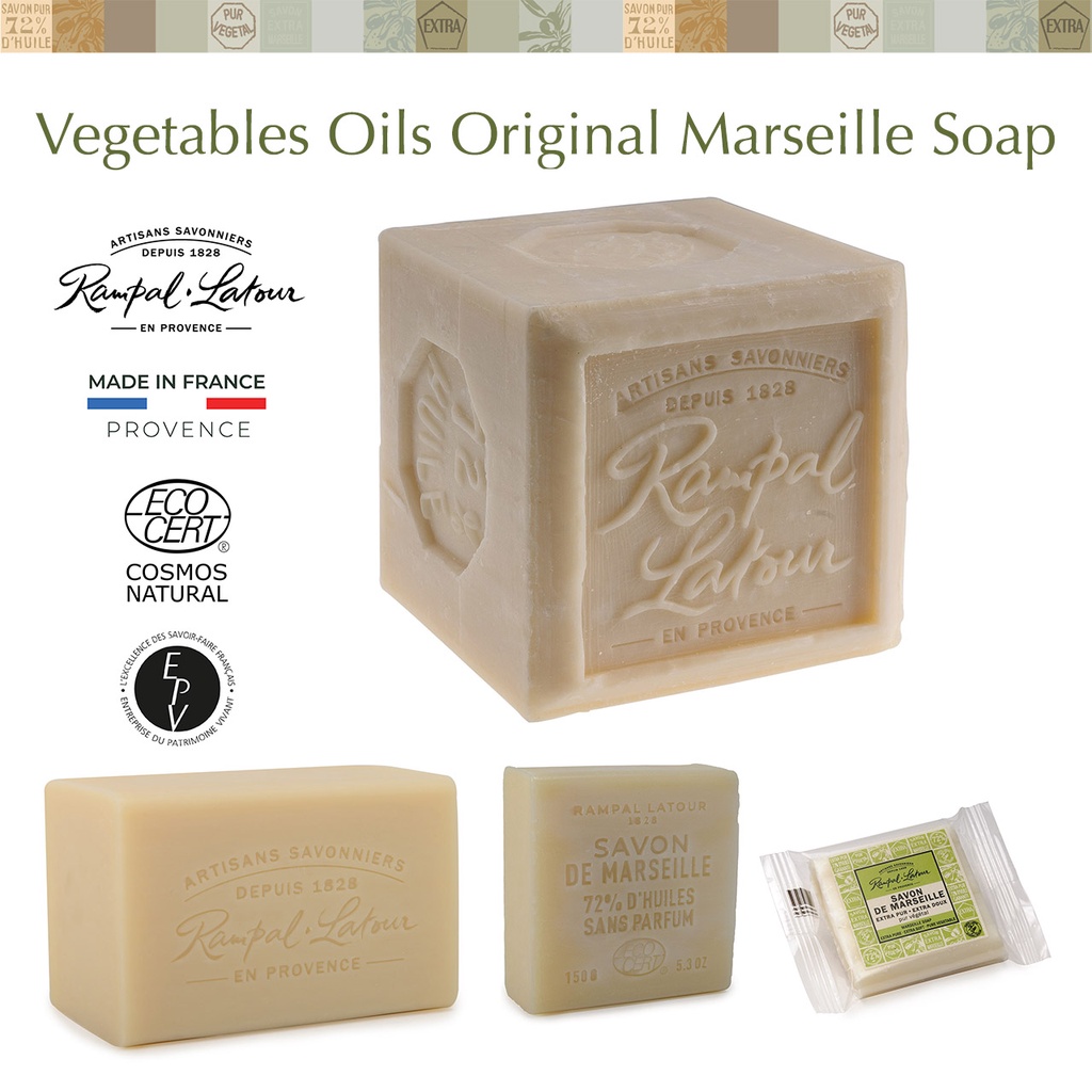 สบู่ฝรั่งเศสมาร์เซย์แท้ Rampal Latour | สบู่ก้อนธรรมชาติจากน้ำมันพืช 72% | Vegetables Oil Savon de Marseille Soap