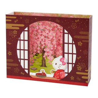 Sanrio Card - Pop up ลาย Hello Kitty Sakura (Japan Limited) แบบนั่งจิบชาเขียว ชมซากุระผ่านหน้าต่างกลม