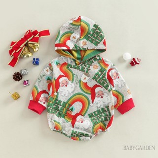 Babygarden-0-24 เดือน Unisex เสื้อผ้าคริสต์มาสเด็กซานตาคลอสแขนยาวมีฮู้ดปุ่ม Romper