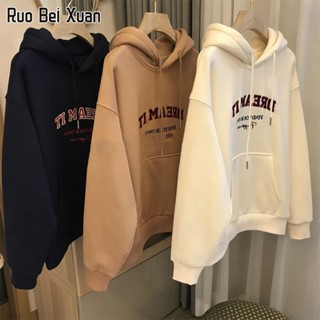 RUO BEI XUAN เสื้อกันหนาวมีฮู้ดพิมพ์ลายแฟชั่นสไตล์เกาหลีสำหรับผู้หญิง