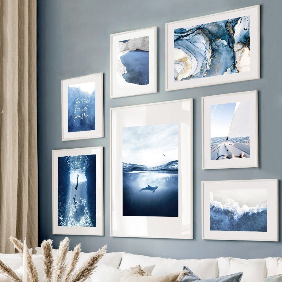 Wall Art ภาพวาดผ้าใบ Blue Ocean หินทรายสีขาว Hill Beach Nordic โปสเตอร์และพิมพ์ภาพผนังสําหรับห้องนั่งเล่น Decor
