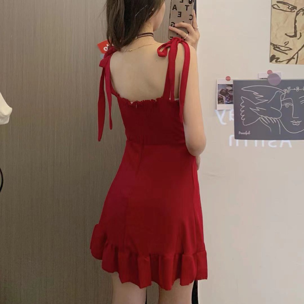 ﹍Blackpink Rose Korean retro style Sexy vocation red Ruffle Strap Dress French Vintage Lace Bow Mini Dresses #8