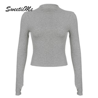 Sweeticme เสื้อยืดลําลอง แขนยาว คอกลม เข้ารูป สีพื้น เข้ากับทุกการแต่งกาย แฟชั่นสําหรับสตรี 2022