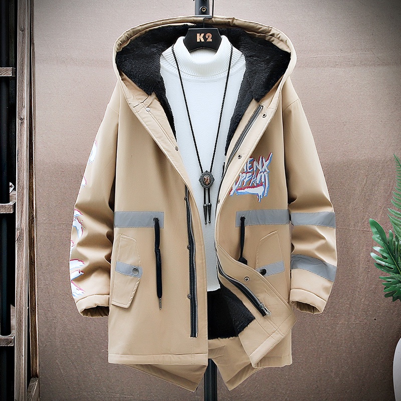 Winter Slim Long Trench Coat Men Letter Print Style Hooded Overcoat Black Hip Hop Streetwear Autumn Korean Mens Jacket #3