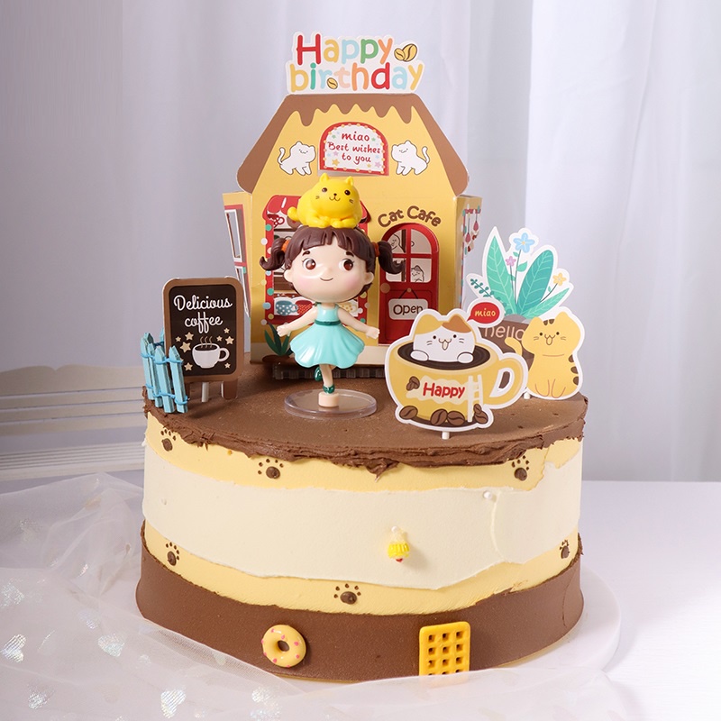 Cat Cafe / Girl with Cat Figurines / ชุดเค้ก Toppers