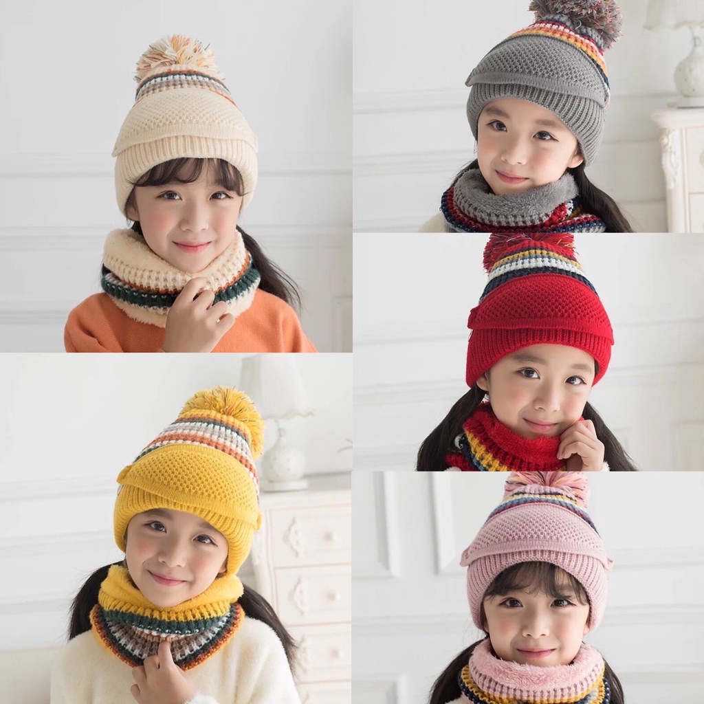 สินค้าพร้อมส่ง หมวกไหมพรมเด็ก พร้อมผ้าพันคอ แถมผ้าปิดจมูก หมวกเด็กผู้หญิง 3-8 ปี