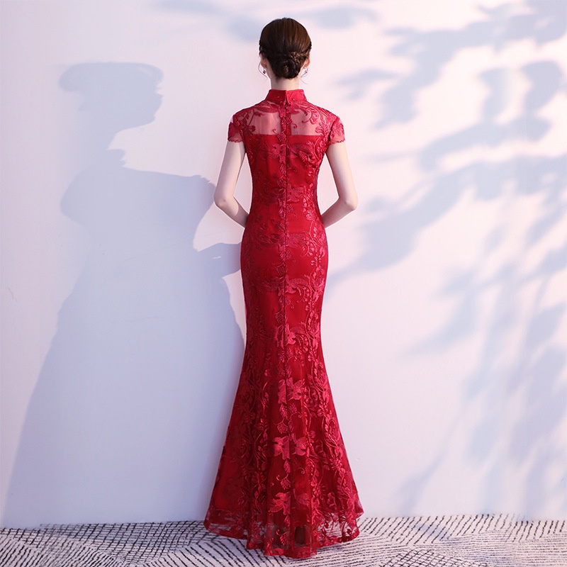 Lace Mermaid Chinese Style Lady Cheongsam Long Tight Elegant Dress Big Size 3xl Vestidso Vintage Red Bride Wedding Qip #5