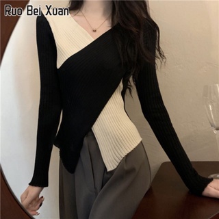 RUO BEI XAUN เสื้อสเวตเตอร์ถักผู้หญิงเวอร์ชั่นเกาหลีของใหม่ไม่สม่ำเสมอสลิมคอวีแขนยาวเสื้อท่อนล่าง