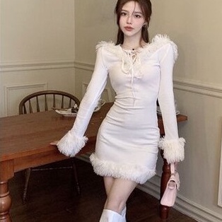 ชุดเดรสแขนยาว คอวี ผ้ากํามะหยี่ขนนิ่ม เข้ารูป สีขาว แฟชั่นฤดูใบไม้ร่วง และฤดูหนาว สําหรับผู้หญิง