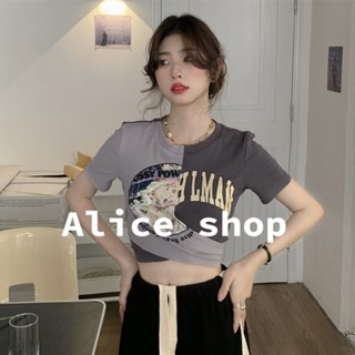 Alice  เสื้อครอป แขนสั้น ย้อนยุคอเมริกัน 2022 ใหม่  สไตล์เกาหลี Stylish สวยงาม ทันสมัย S031090 36Z230909