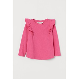 H&amp;M ชุดเด็ก เสื้อเด็กผู้หญิง เสื้อยืดแขนยาว สีชมพู แต่งระบายที่ไหล่ Flounced cotton top