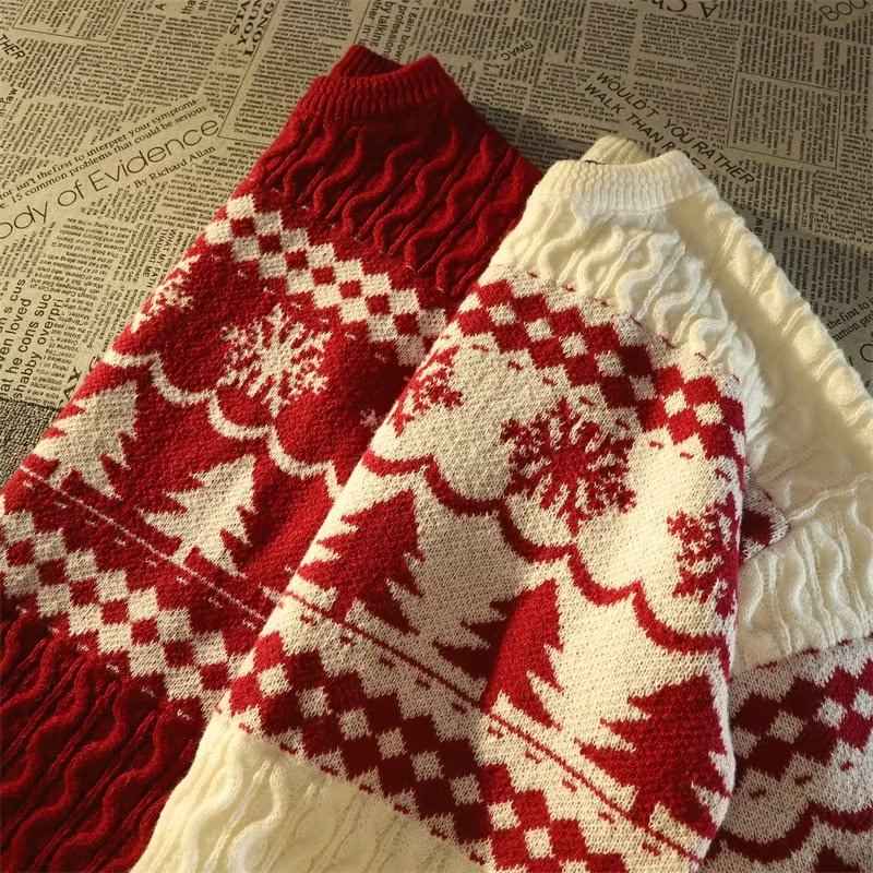 เสื้อกันหนาว คอกลม แขนยาว ผ้าถัก สีแดง สไตล์เกาหลี คริสต์มาส สําหรับผู้ชาย และผู้หญิง คู่รัก กันหนาว