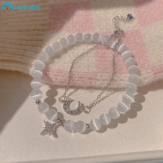YEEZII 2 ชิ้น / เซ็ตสร้อยข้อมือลูกปัดโอปอลสองชั้นสร้อยข้อมือคริสตัลดวงจันทร์ดาวสําหรับอุปกรณ์เครื่องประดับผู้หญิง