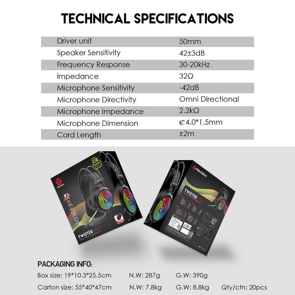 FANTECH รุ่น HG27 TWISTER Gaming Headset ระบบ 7.1 หูฟังเกมมิ่ง แฟนเทค หูฟัง gaming มีไมโครโฟน ไฟ RGB รอบหูฟัง  สำหรับเกม