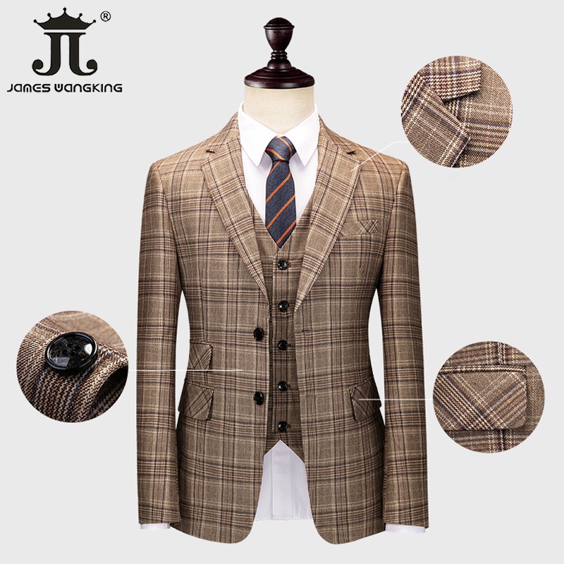 ( Jacket   Vest   Pants) 5XL Brown Retro Plaid Suit Spring and Autumn British Style Mens Suit Groom Wedding Dress Classi #2