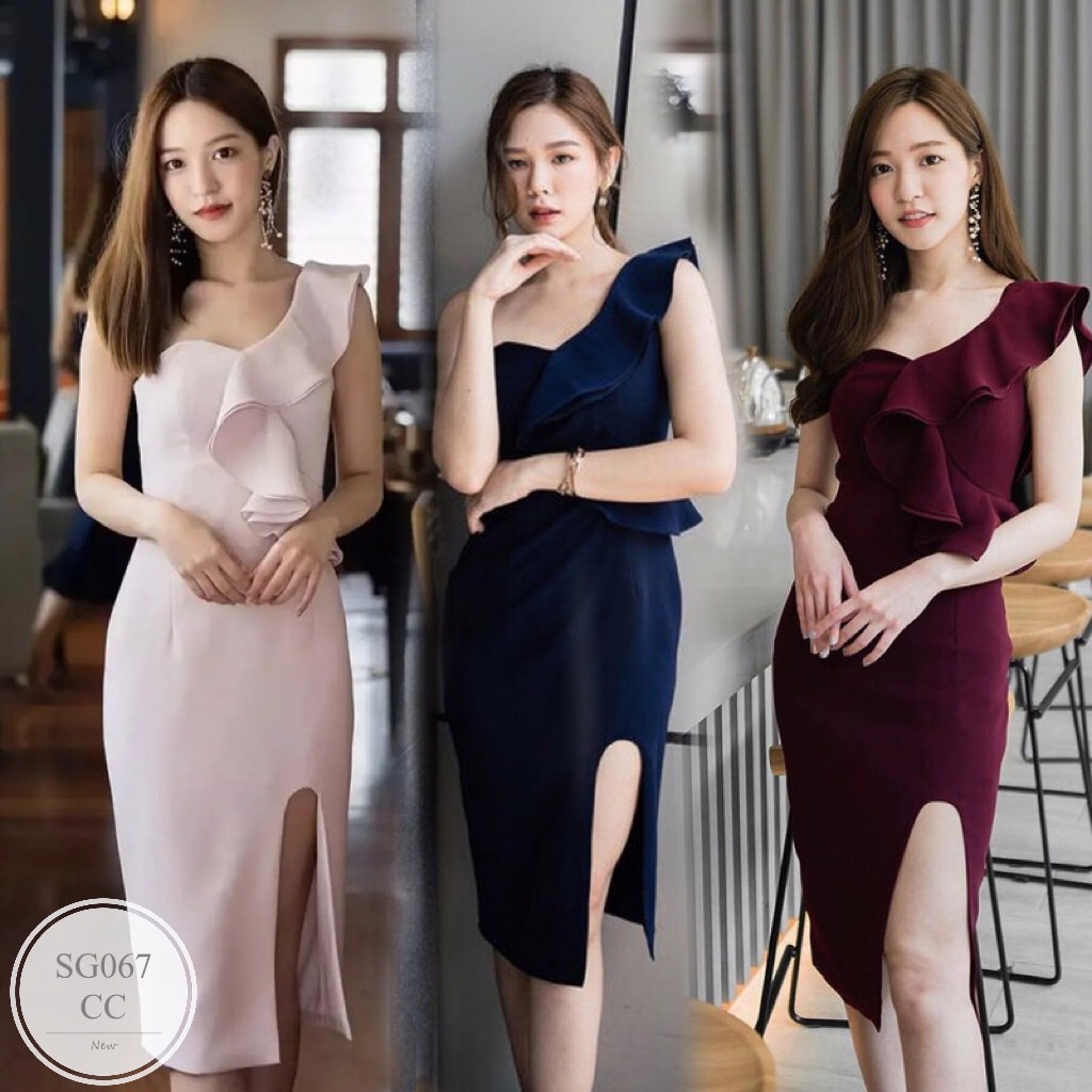 ES067 มินิเดรส ทรงเกาะอก สายระบาย 1 ข้าง ชายกระโปรงเว้าแหวกเล็กน้อย เซ็กซี่สุด