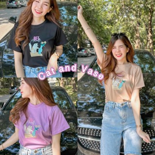 Jarika.shop - เสื้อยืดลายน้องแมวแจกัน (งานป้าย Jarika ) ( จ47 )