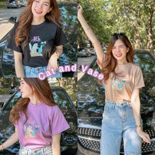 Jarika.shop - เสื้อยืดลายน้องแมวแจกัน (งานป้าย Jarika ) ( จ47 )