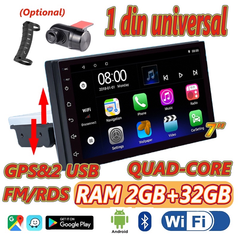 เครื่องเล่นวิทยุ Android DVR SWC FM RDS หน้าจอสัมผัส 1DIN [2GB RAM+32GB]QUAD-CORE 7 นิ้ว ปรับได้ สําหรับรถยนต์