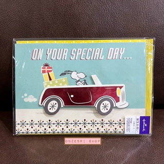 Snoopy Pop Up Birthday Card From Hallmark Japan การ์ดอวยพรลาย Snoopy Car สีแดงเมทัลลิก ขนาด 11 x 15.5 ซม.