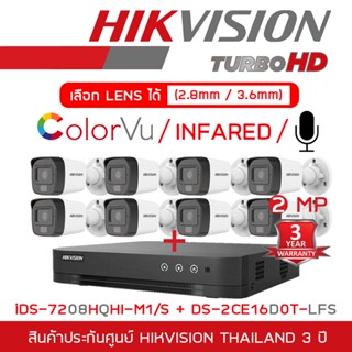 HIKVISION ชุดกล้องวงจรปิด HD 2 ล้านพิกเซล 8CH : iDS-7208HQHI-M1/S + DS-2CE16D0T-LFS (2.8 / 3.6 mm) x 8 กล้องภาพสี+มีไมค์