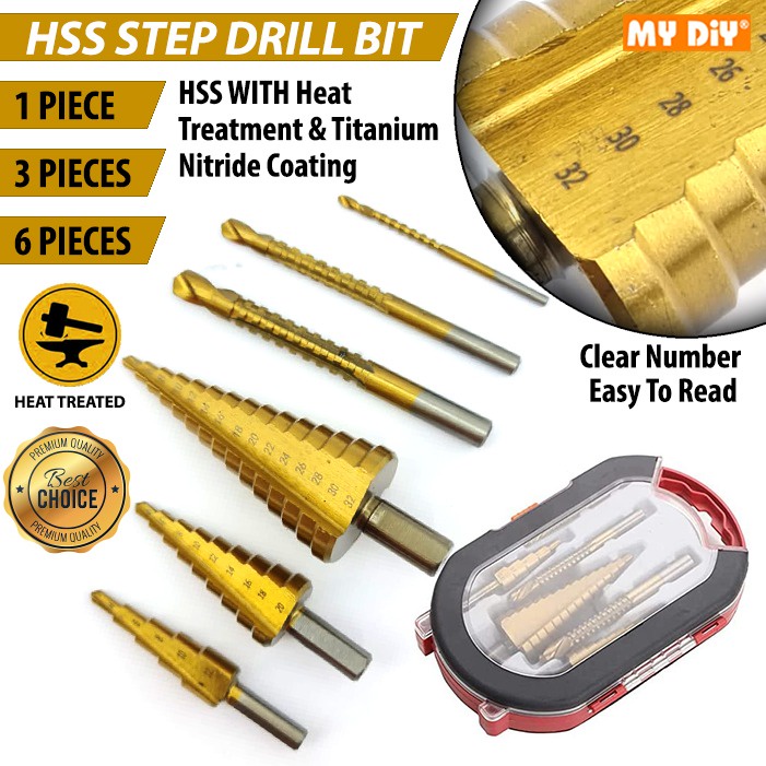 MYDIYSDNBHD - 6PCS 4 มม.-32 มม.HSS Step Drill Bit เคลือบไทเทเนียม Hss Step Drill Bit