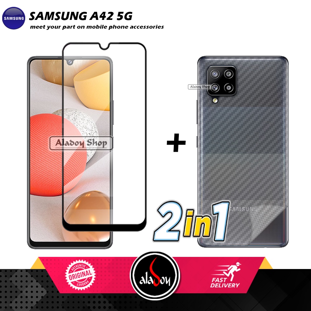 กระจกนิรภัย + ฟิล์มคาร์บอนผิว 3D Samsung A42 5G PACKAGE