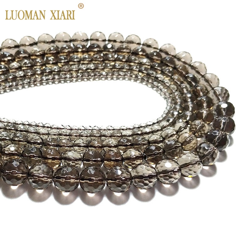 LUOMAN XIARI Faceted Smoky ควอตซ์สีน้ําตาลคริสตัลธรรมชาติรอบลูกปัดหินสําหรับเครื่องประดับทําสร้อยข้อมือ DIY