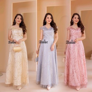 Luxury Glitter Maxi Dress ชุดเดรสราตรียาว ชุดออกงานชุดเดรสยาวเปิดไหล่ผ้าติดกากเพชรและเลื่อมลายสวย ลุคสวยหรูหรา