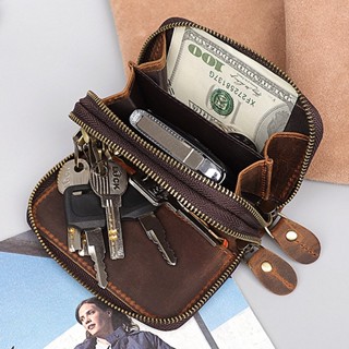 Genuine Leather Key Wallets Men Vintage Handmade Zipper Car Key Holder Cowhide Keys Organizer Women Housekeeper Case Coi