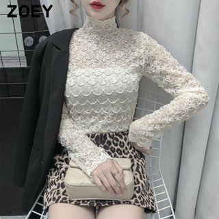 Zoey เสื้อเบลาส์ คอเต่า แต่งลูกไม้ แบบเข้ารูป ขนาดเล็ก สําหรับผู้หญิง