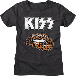 Womens Leopard Lips KISS Shirt เสื้อยืดสไตล์เกาหลี เสื้อผ้าแฟชั่น เสื้อยืด เสื้อยืดสวยๆ