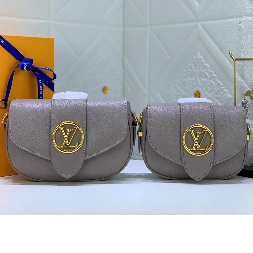 Hybrid Spot货LV/Louis Vuitton (พร้อมกล่องถักเดิม) ลายลิ้นจี่สีเทา (25 Cm) New PONT 9 Soft Shoulder Wo