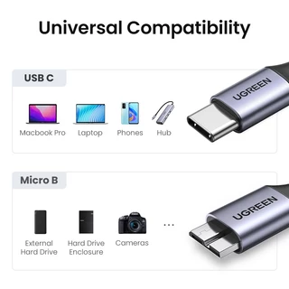 Ugreen USB C to Micro B 3.0 สายเคเบิ้ล 5Gbps 3A Fast Sync Cord สําหรับ Macbook ฮาร์ดดิสก์ไดรฟ์ HDD SSD เคส USB Type C Micro B สายเคเบิ้ล