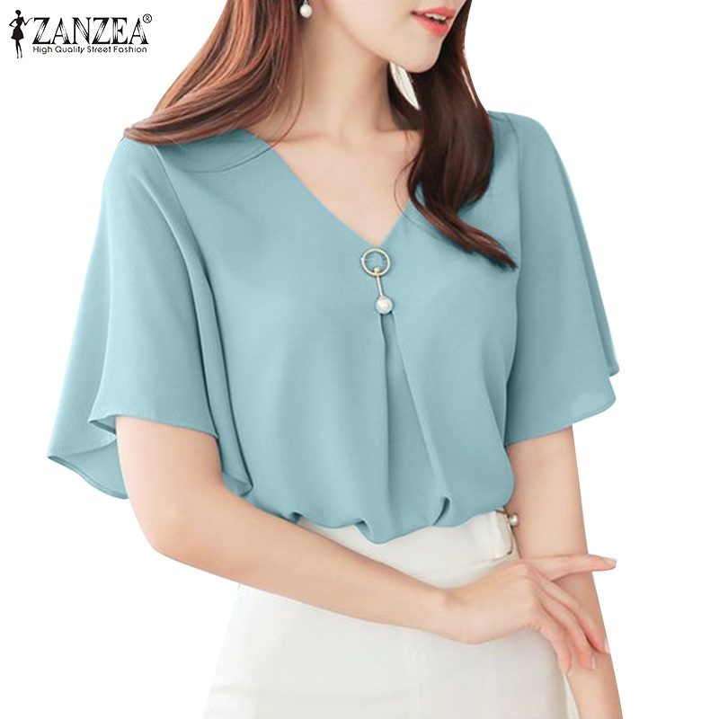 Zanzea เสื้อเชิ้ต คอวี แขนสั้น ลายใบบัว สไตล์สตรีท แฟชั่นสําหรับผู้หญิง