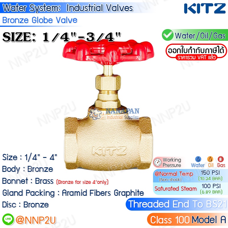 KITZ โกล์บวาล์ว ทองเหลือง ขนาด 1/4",3/8",1/2",3/4" (100A)