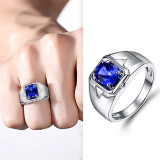 แหวนเหล็กไทเทเนียมเพชรไพลิน Tanzanite ผู้ชายผู้หญิงแฟชั่นเครื่องประดับแหวนแต่งงานคริสตัลสีน้ําเงิน