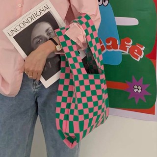 [ SALE 50% !! ]  🏁 Checker Bag พร้อมส่ง ถุงผ้าไหมพรมลายตาราง 5 สี แถมฟรี! 🦖🌼แต่งกระเป๋า 👀 BAG