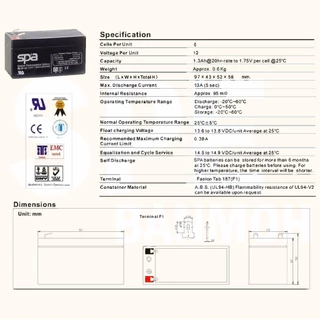SL12-1.3 SPA Battery 12V 1.3A แบตเตอรี่แห้ง สำรองไฟ 12V 1.3Ah SL แบตเตอรี่สปา แบตเตอรี่ SPA แบตแห้ง SPA แบต UPS ไฟฉุก...