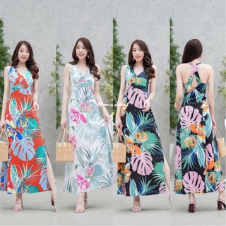 Maxi dress คอวีลายใบไม้สุดชิค ตัดต่อช่วงใต้อก สายไขว้ด้านหลัง ผ่าด้านข้าง 1 ข้าง ชุดเดรส เดรสยาว