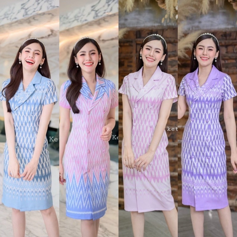 (S-3XL) ชุดเดรสผ้าไทยทรงสูท ชุดเดรสผ้าไหมญี่ปุ่นลายไทยอัดกาว
