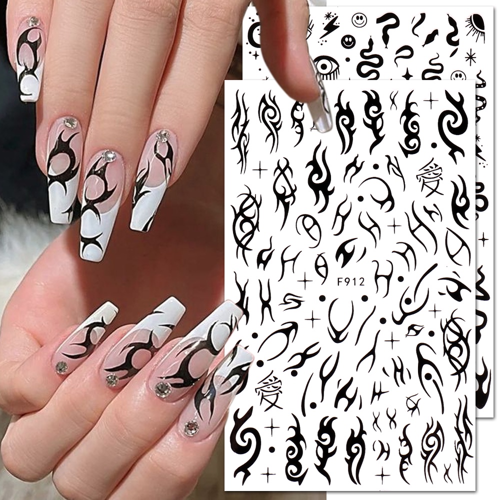 3D Witchy Nagels Simples Vlammen Ster Maan สติกเกอร์งู Zwart-wit Ontwerp Lijn Graffiti Nail Art Deco