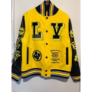 LOUIS VUITTON VASITY BLACK AND YELLOW LEATHER EMBROIDERED BOMBER JACKET เสื้อคลุมแจ็คเก็ต แบรนด์หลุยส์วิตตอง ปัก PATCH