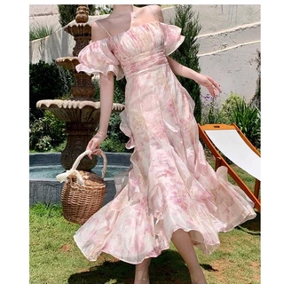 (Dress5-142)พร้อมส่ง Floral Dress เดรสผ้าชีฟอง สายเดียวเปิดไหล่มีแขนระบายๆ ผ้าพลิ้ว จั้มอก สวยน่ารักมากๆ เที่ยว ออกงาน