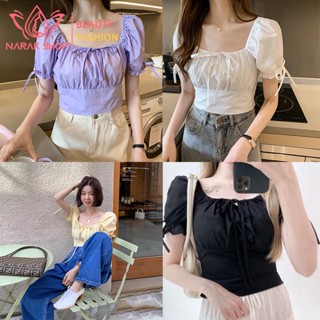 ใหม่พร้อมส่ง  เสื้อครอปครึ่งตัว   มินิครอปคอเหลี่ยม  เสื้อยืดครอปแขนสั้น   ผูกโบว์หน้าน่ารัก  ครอปเก๋น่ารัก