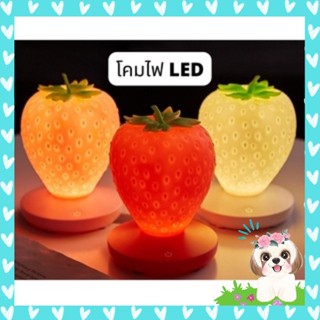 โคมไฟตั้งโต๊ะ โคมไฟหัวนอน โคมไฟสตอเบอรี่น่ารัก LED ชาร์จได้มีสาย USB